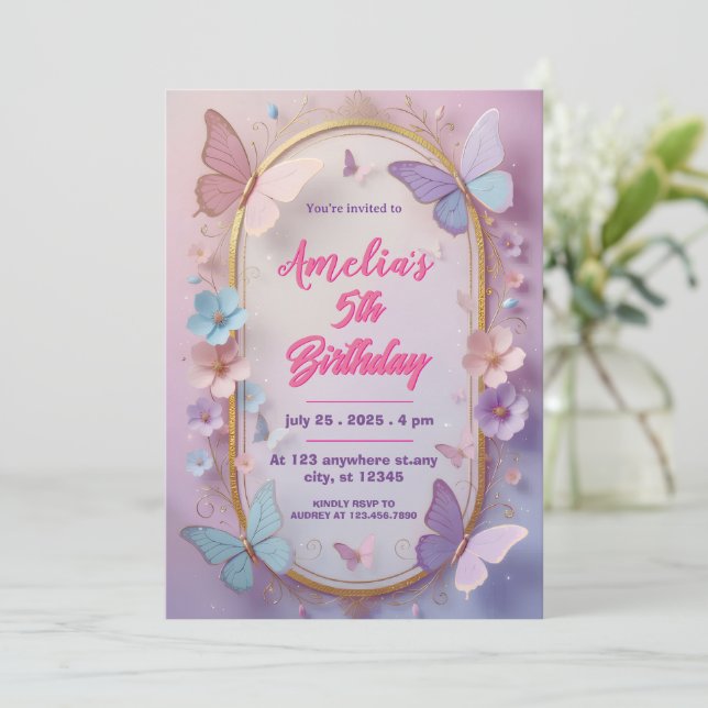 Convite de Aniversário Menina Borboleta 3D (Em pé/Frente)