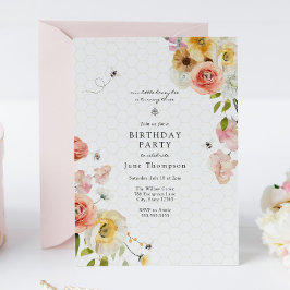 Convite de Aniversário Menina com Flores e Abelha