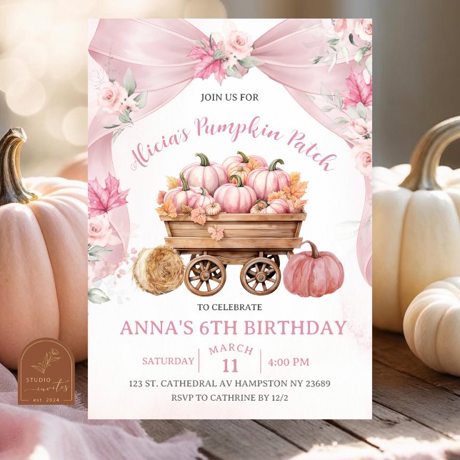 Convite de Aniversário Menina com Laço Rosa e Abób (Criador carregado)