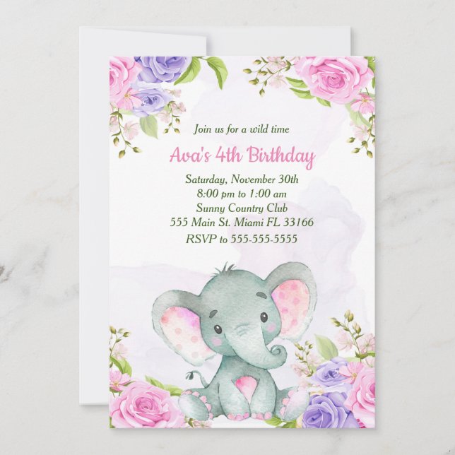 Convite de Aniversário Menina Elefante Aquarela (Frente)