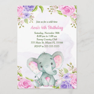 Convite de Aniversário Menina Elefante Aquarela