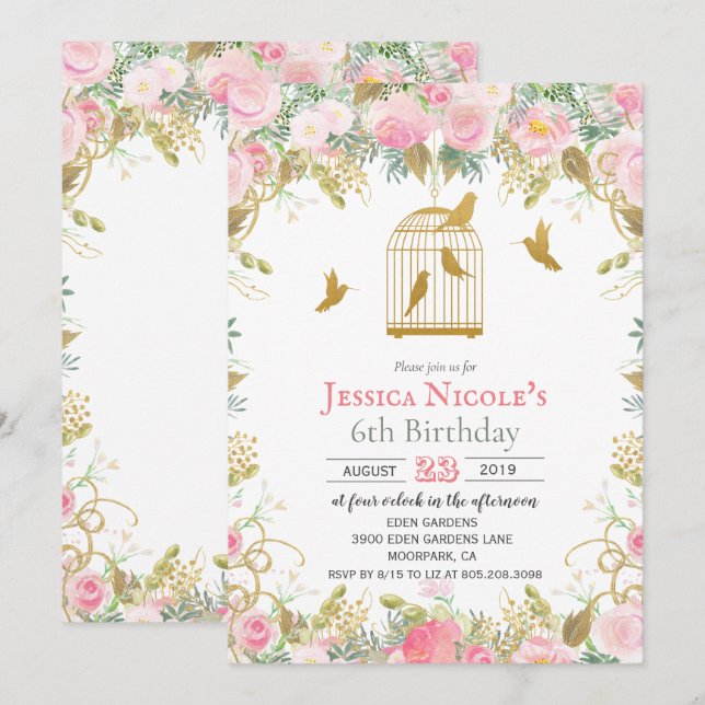 CONVITE DE ANIVERSÁRIO MENINA Floral Birdcage PARA (Frente/Verso)