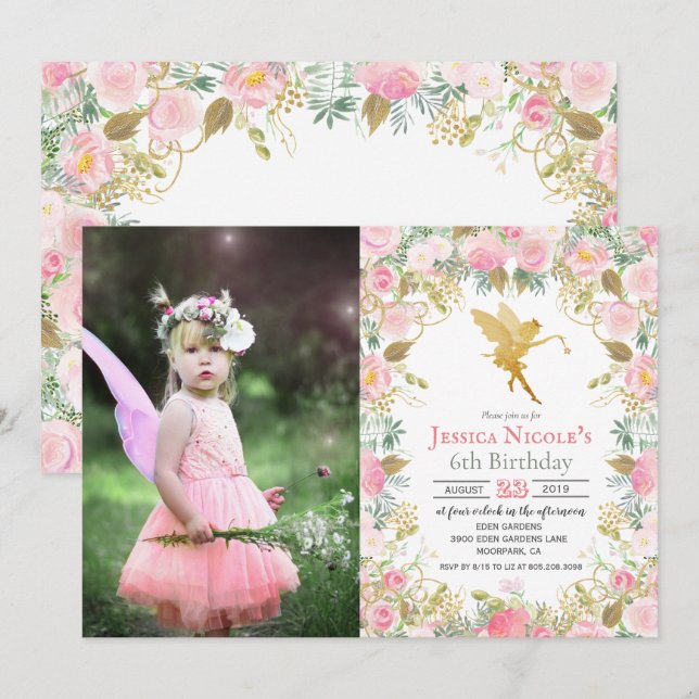 CONVITE DE ANIVERSÁRIO - Menina Floral Fada para Q (Frente/Verso)