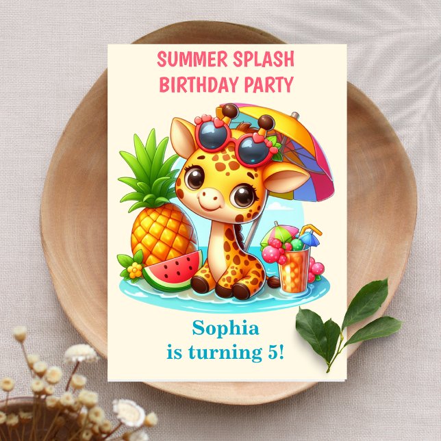 Convite de Aniversário Menina Girafa Verão Splash  (Criador carregado)