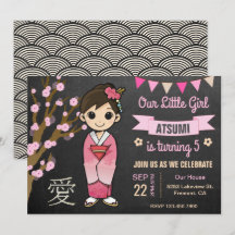 Convite de Aniversário Menina Japonesa Quimono Ros