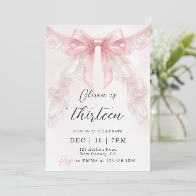 Convite de Aniversário Menina Laço de Renda Rosa F (Em pé/Frente)