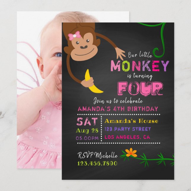 Convite de Aniversário Menina Macaquinho Quadro Ne (Frente/Verso)