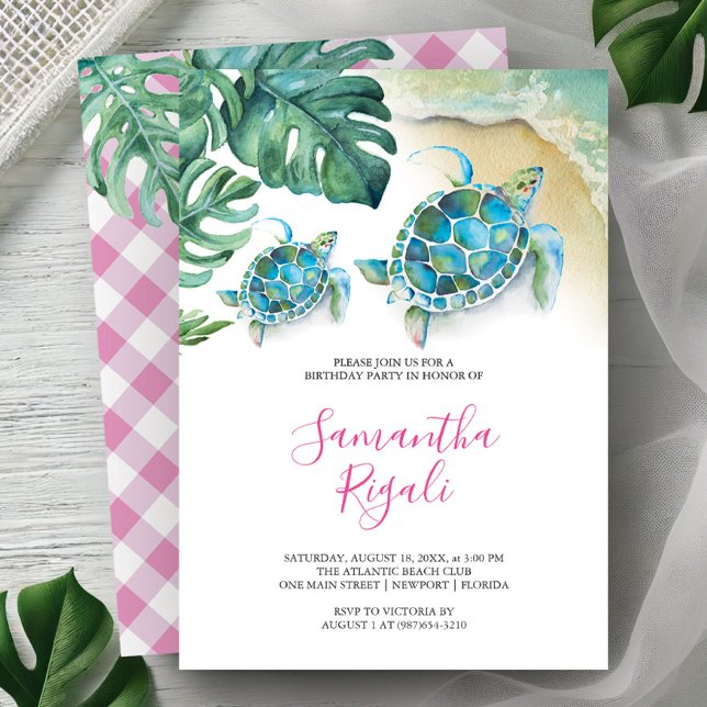 Convite de Aniversário Menina Tartaruga Marinha (Birthday party invitations tropical watercolor sea turtle monstera palm leaves Victoria Grigaliunas)