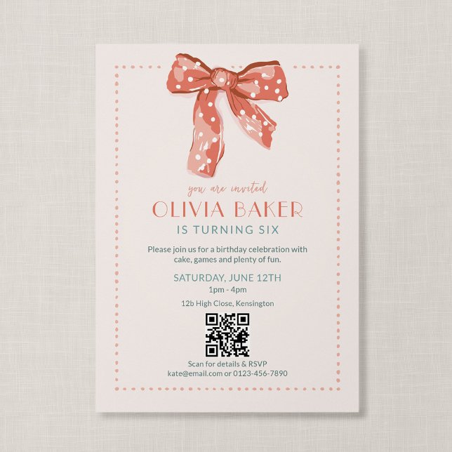 Convite de Aniversário Meninas Arco Coquette Rosa  (Heirloom Bow - Coquette themed QR code birthday invitation)