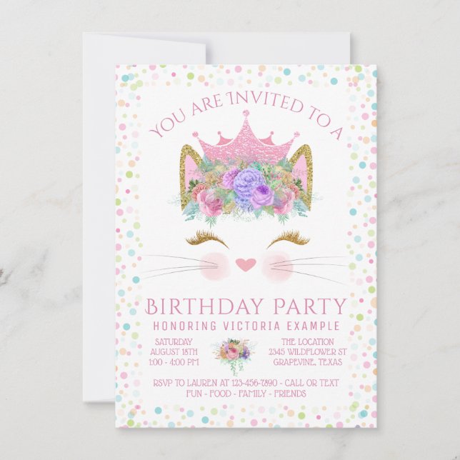 Convite de Aniversário Meninas Confetes Gatinho pa (Frente)