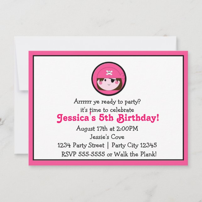 Convite de Aniversário Meninas Pirata Rosa Cabelo  (Frente)