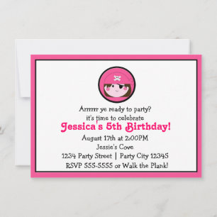 Convite de Aniversário Meninas Pirata Rosa Cabelo