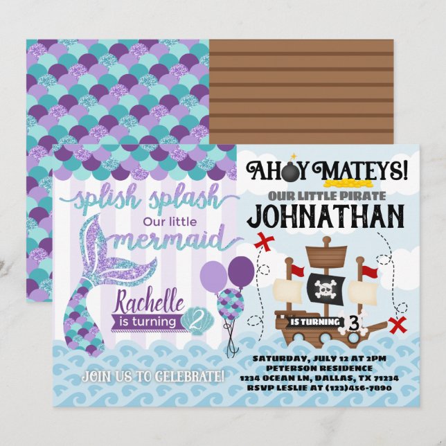 Convite de aniversário Mermaid Pirate (Frente/Verso)