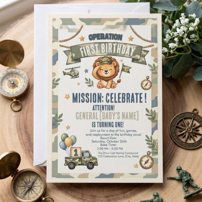 Convite de Aniversário Militar Operação Primeiro A (Operation First Birthday Invitation | Camo Military 1st Birthday Party Invite)