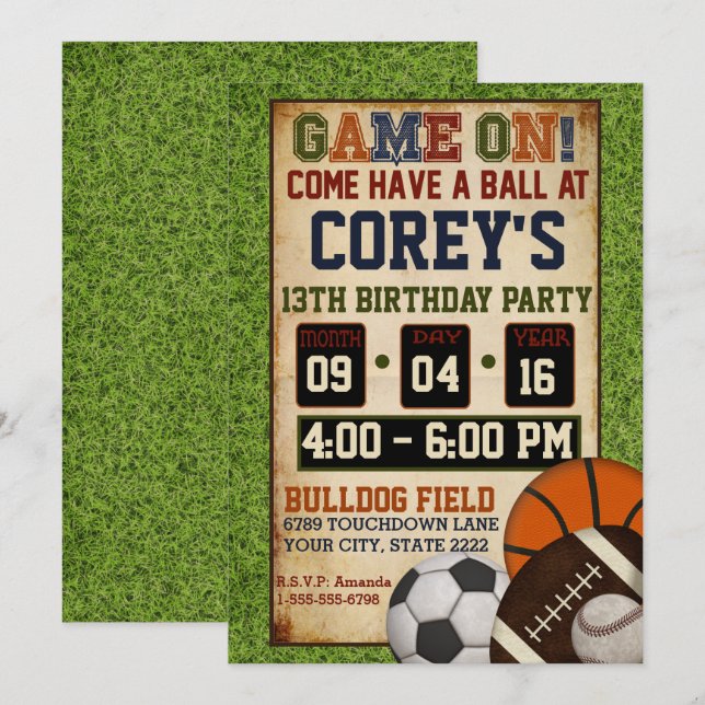 Convite de aniversário Misto de Esportes (Frente/Verso)