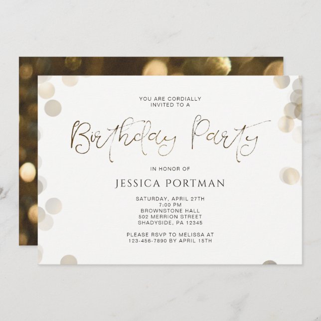Convite de aniversário Modern Dourado Look Bokeh (Frente/Verso)
