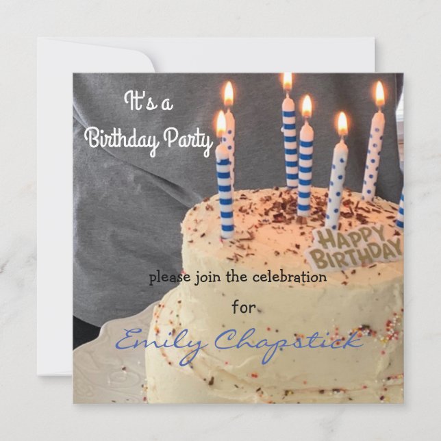 Convite de Aniversário Moderno Bolo e Velas (Frente)