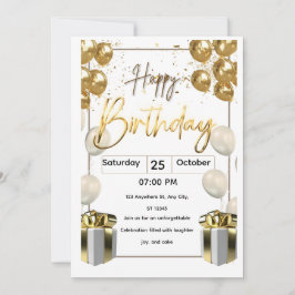 Convite de Aniversário Moderno com Balão Dourado
