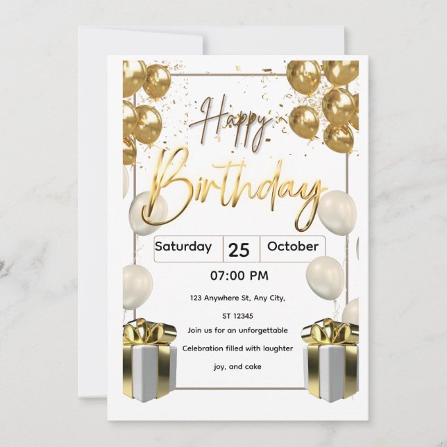 Convite de Aniversário Moderno com Balão Dourado (Frente)
