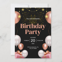 Convite de Aniversário Moderno Preto e Dourado