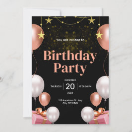 Convite de Aniversário Moderno Preto e Dourado