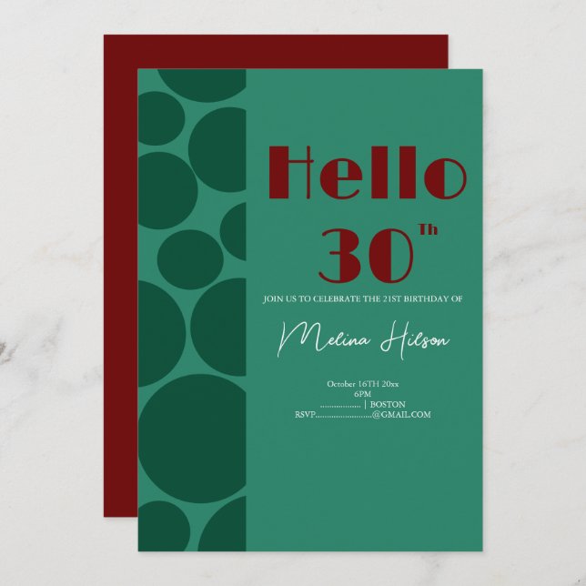 Convite de Aniversário Moderno Verde e Burgundy (Frente/Verso)