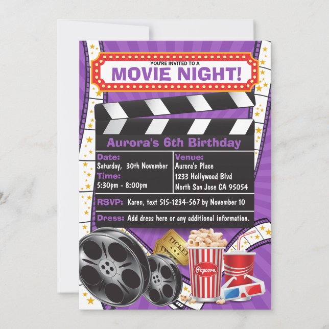 Convite de Aniversário Movie Night Hollywood Clapp (Frente)