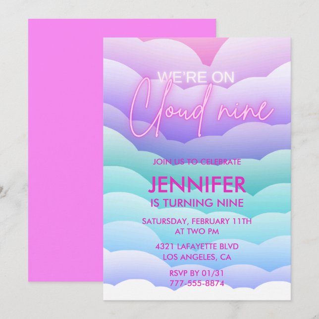 Convite de Aniversário Na Nuvem 9 Magico Rosa (Frente/Verso)
