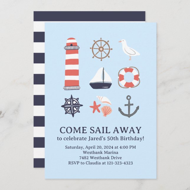 Convite de Aniversário Náutico para Adultos ou Cri (Frente/Verso)