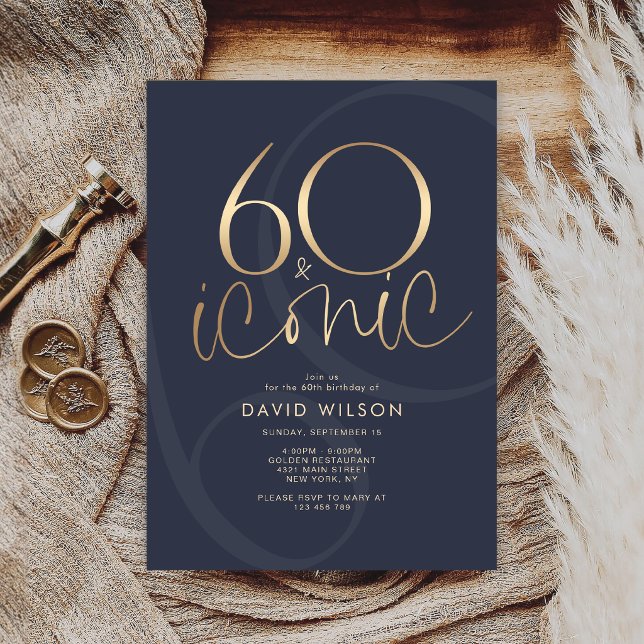 Convite de Aniversário Navy Gold 60 e Icônico (Navy Gold 60 and Iconic Birthday Party Invitation Card)