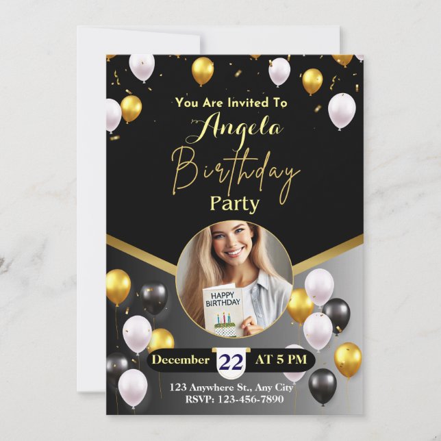 Convite de aniversário negro e Dourado elegante (Frente)