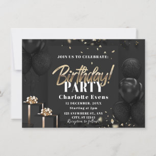 Convite de aniversário negro e Dourado elegante