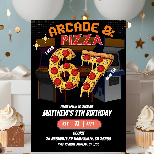 Convite de aniversário Neon Arcade e Pizza 67 (Criador carregado)