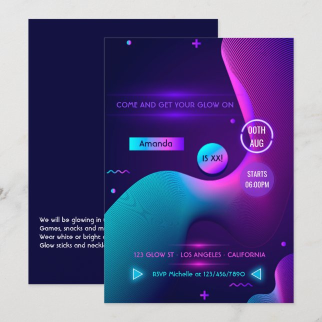 Convite de Aniversário Neon Brilho no Escuro (Frente/Verso)