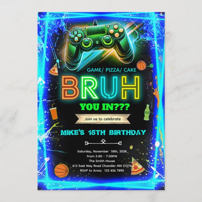 convite de aniversário neon Bruh (Frente)
