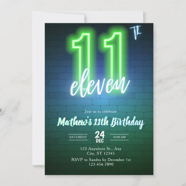 Convite de aniversário Neon Décimo Primeiro (Frente)