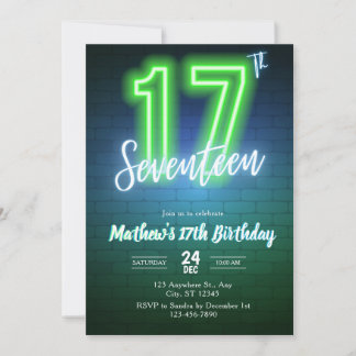 Convite de aniversário neon décimo sétimo