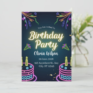 Convite de Aniversário Neon Glow | Escuro Vibrante
