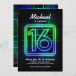 Convite de aniversário Neon para Boy 16th Birthday<br><div class="desc">Menino 16.º convite para o aniversário de Neon ou Glow na Festa de aniversário temática Escura</div>