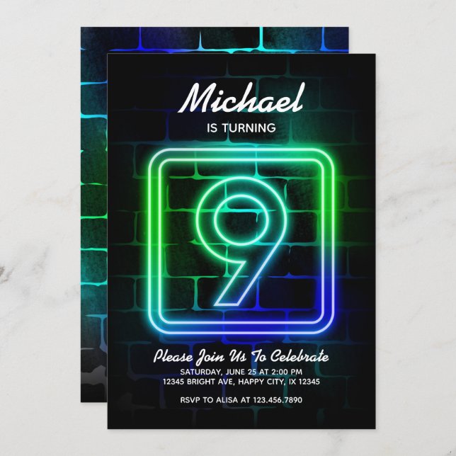 Convite de aniversário Neon para Boy 9th Birthday (Frente/Verso)