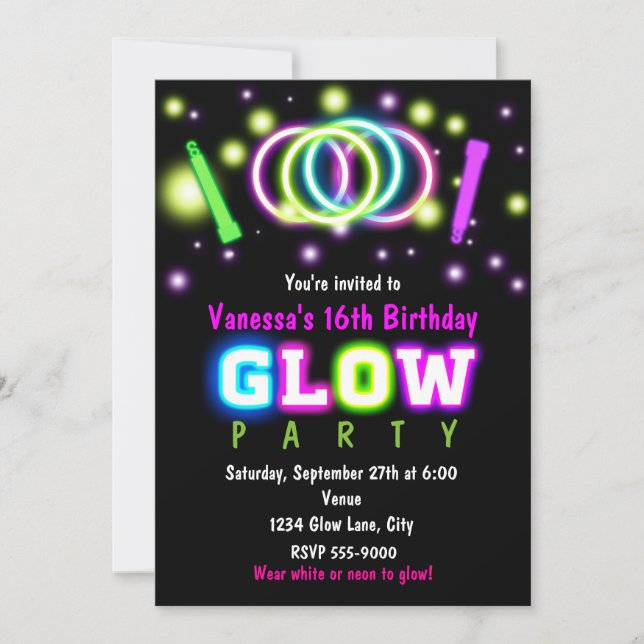 Convite de Aniversário Neon para Festa GLOW com Lu (Frente)