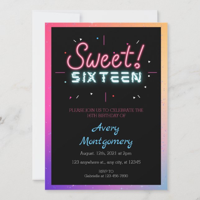 Convite de Aniversário Neon Sweet 16 (Frente)