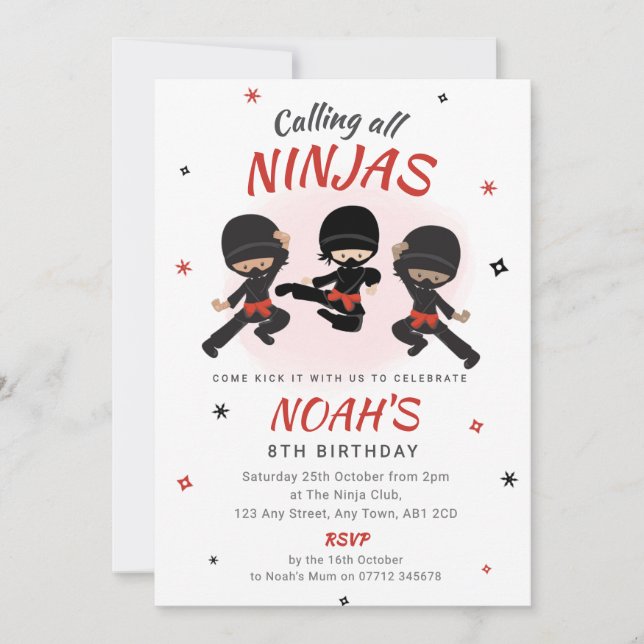 Convite de Aniversário Ninja - Festa Vermelha de K (Frente)