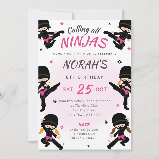 Convite de Aniversário Ninja Rosa - Festa de Karat (Frente)