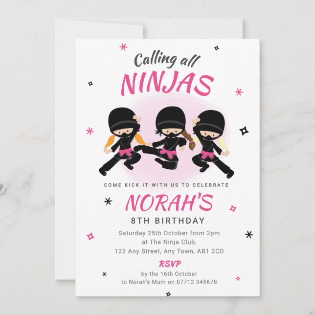 Convite de Aniversário Ninja Rosa para Meninas Fes (Frente)