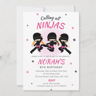 Convite de Aniversário Ninja Rosa para Meninas Fes