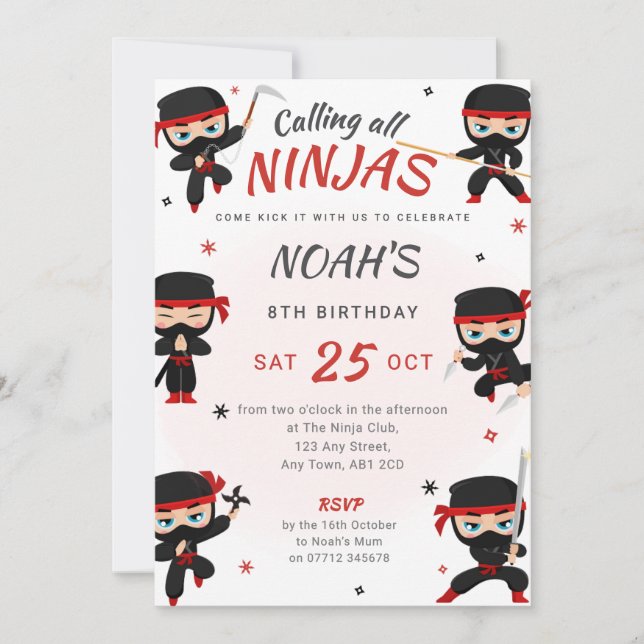 Convite de Aniversário Ninja Vermelho - Festa de K (Frente)