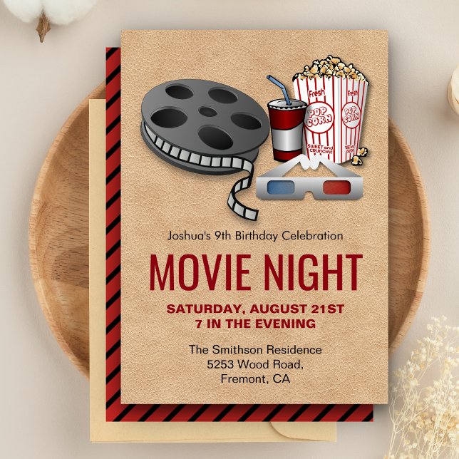 Convite de Aniversário Noite de Filme Vermelho e B (Criador carregado)