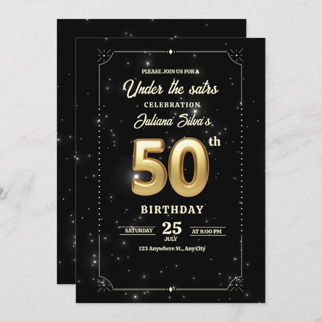 Convite de Aniversário Noite Estrelada, 50º Aniver (Frente/Verso)