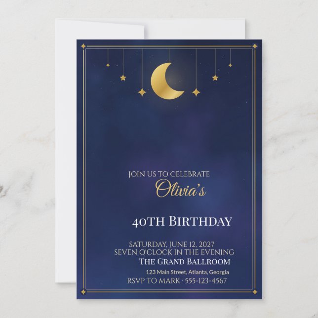 Convite de Aniversário Noite Estrelada, Lua Dourad (Frente)